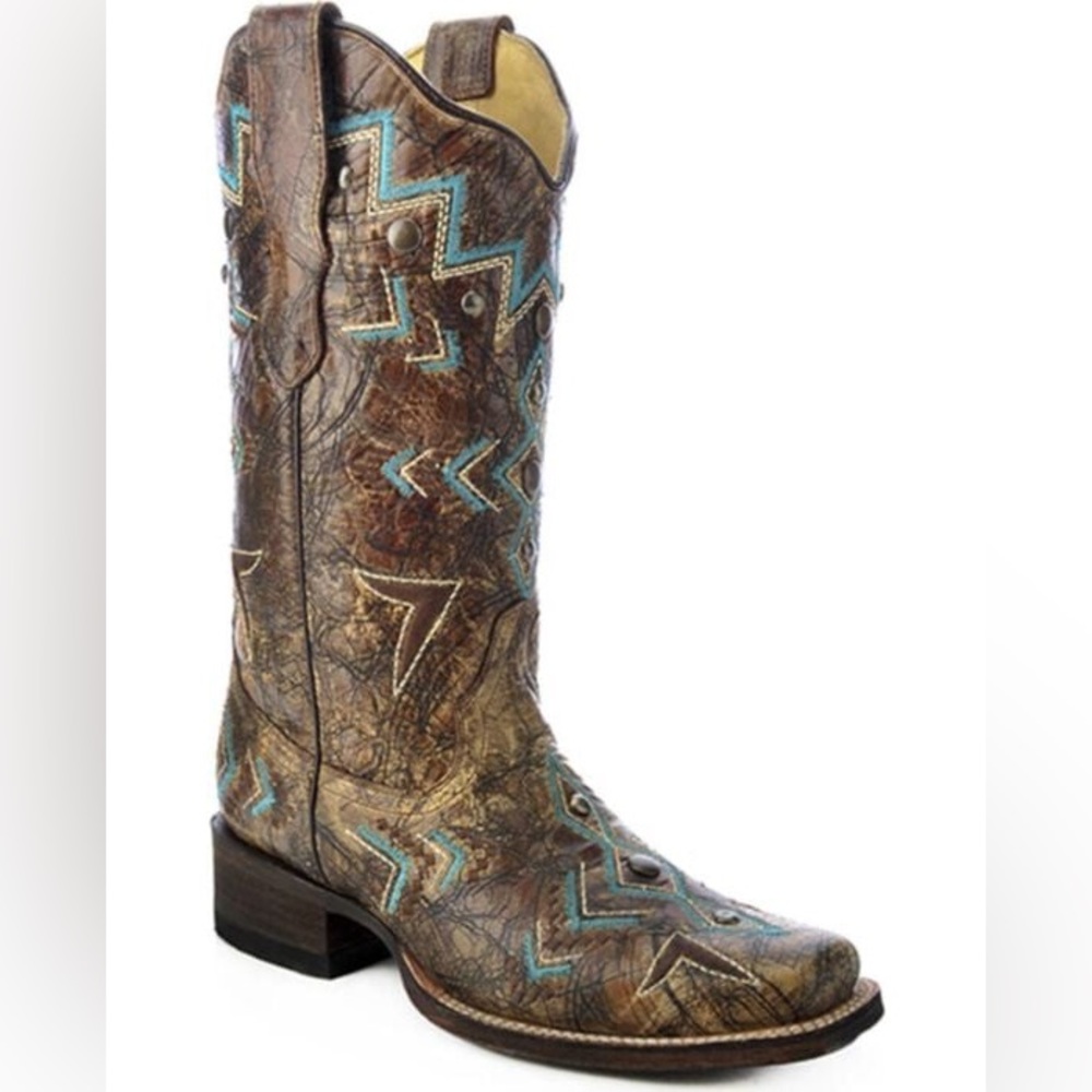 Corral Boots Bronze & Turquoise Aztec Square Toe Womens Boot E1024 size 9 women